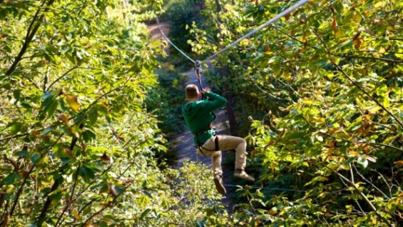 Man whizzing down zip wire at Go Ape at Glentress