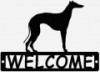 Black sign showing a greyhound standing over a WELCOME sign